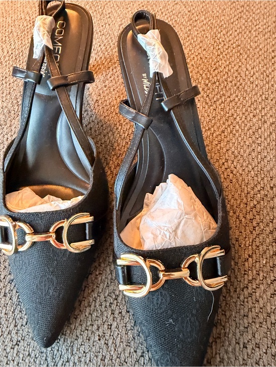 comfortview Shoes - comfortview Black Pointed Slingback Mules with Gold Horsebit Accent